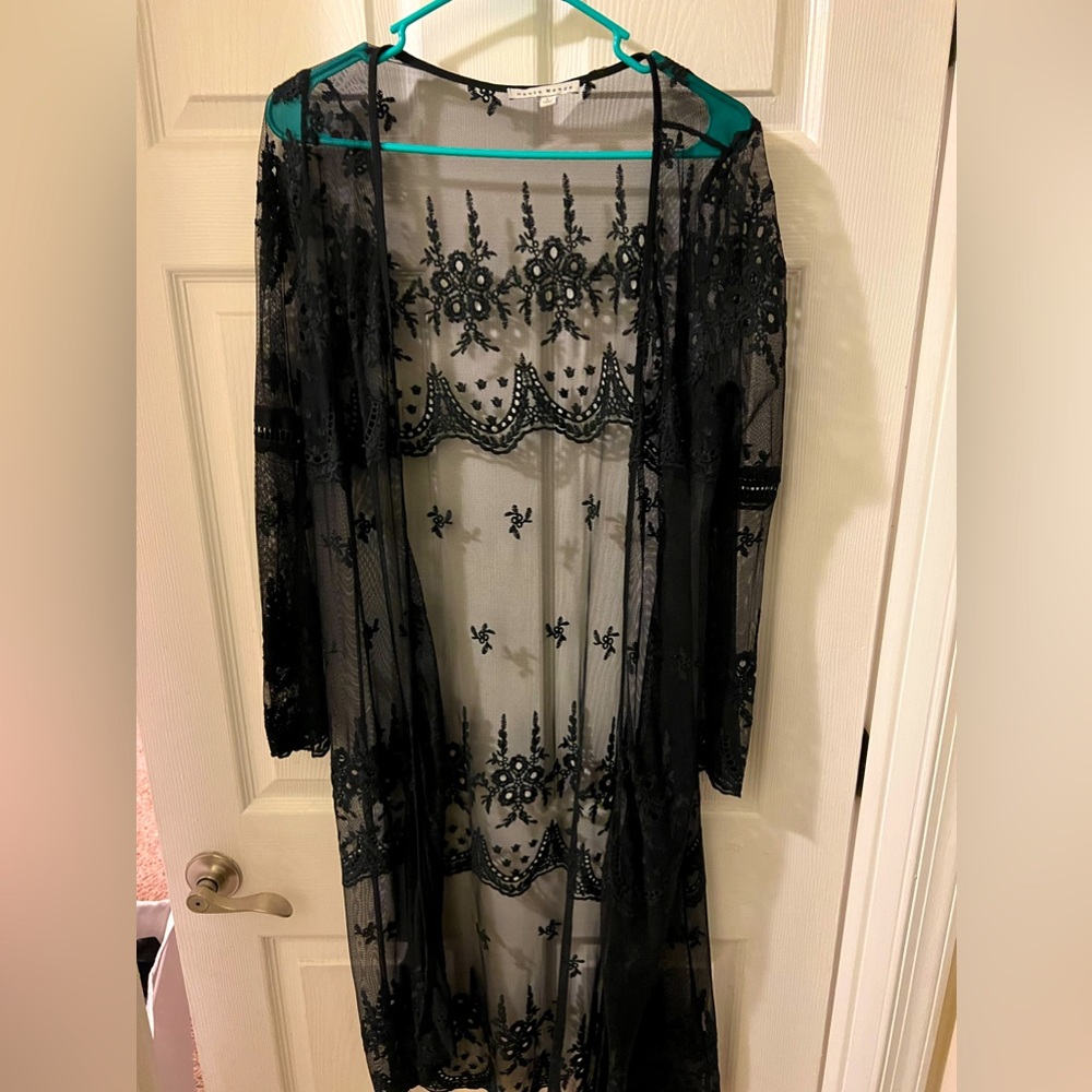 Mesh black knee long cardigan
